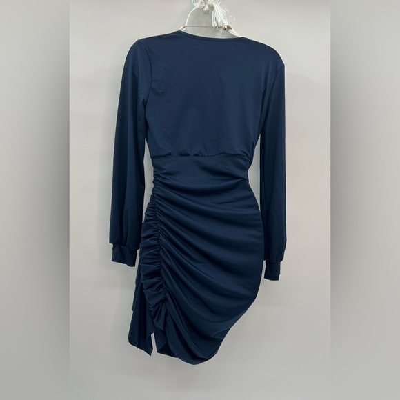 Dresses Dark Blue L Overlap Collar Ruched Draped Side Dress - NWOT (Size Small) - Picture 6 of 7